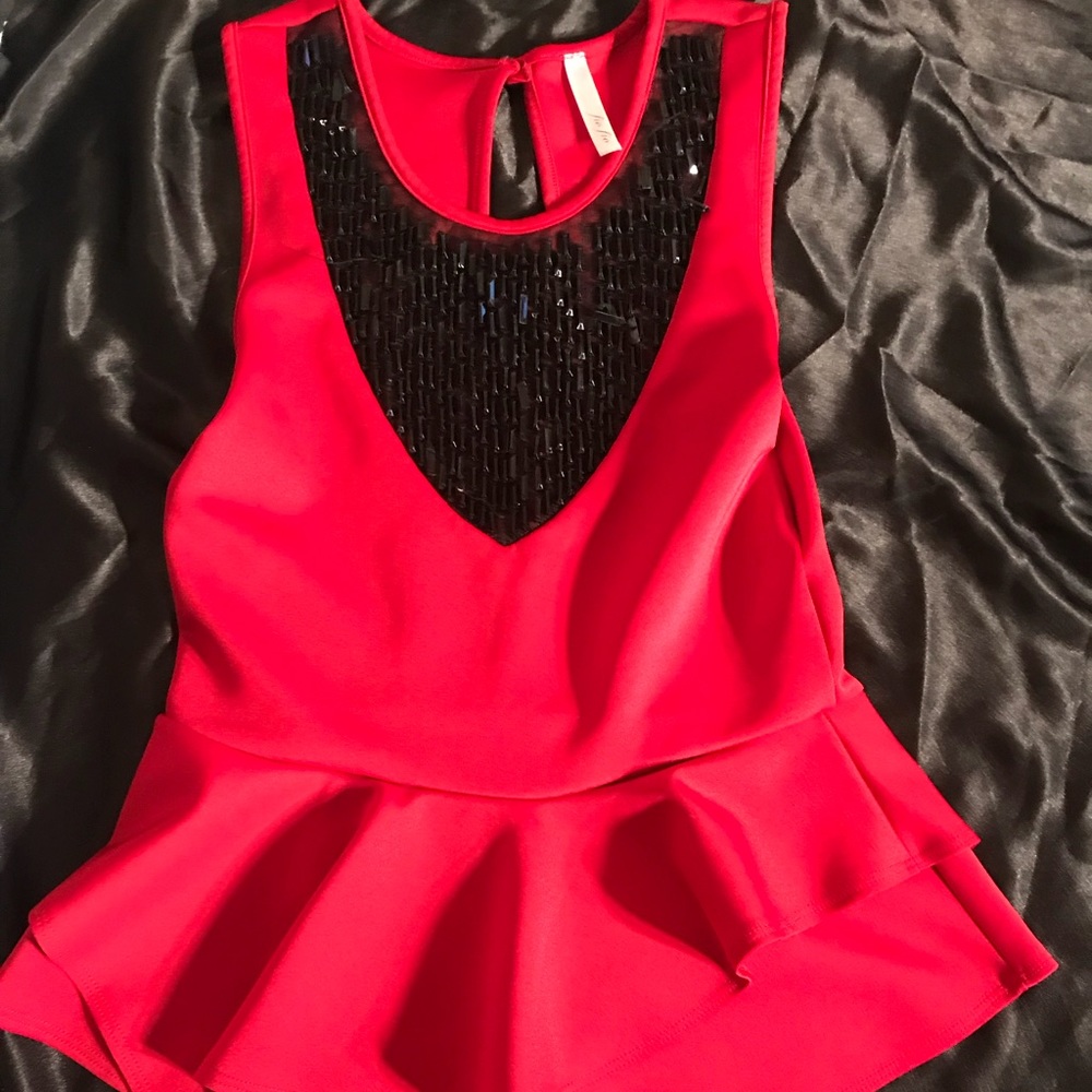 Red with black beaded sleeveless blouse